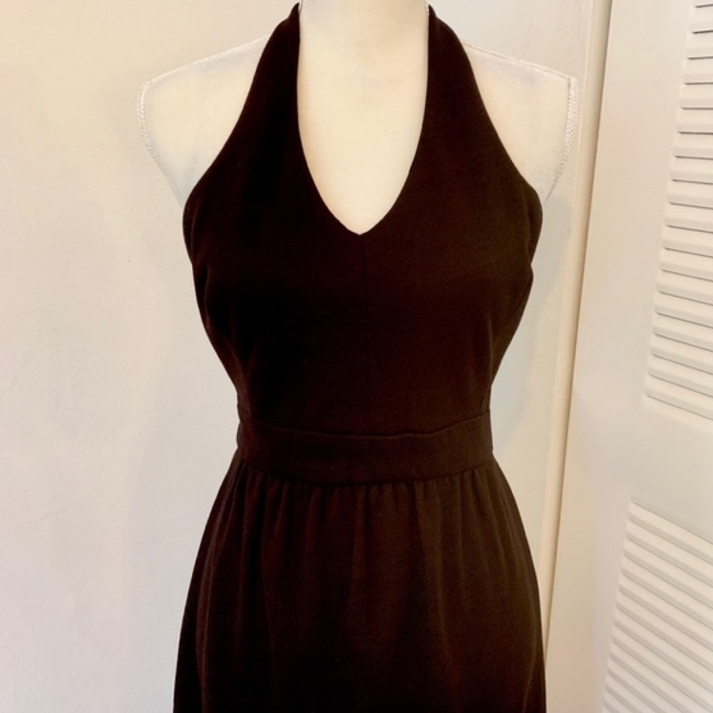 Vintage 70s Halter Neck Black Maxi Dress with Multicolored Striped Ruffled Trim - Picture 5 of 9